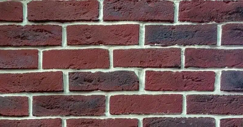 Red brick wall with rough texture and white mortar in natural daylight
