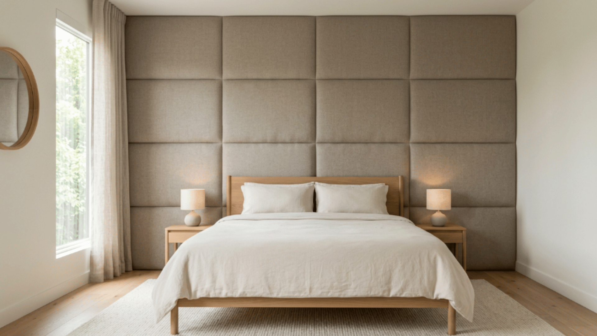 fabric panels behind bed adding softness and a quiet, comfortable feel to the bedroom