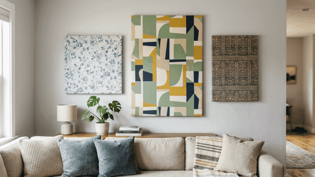 fabric wall art panels with patterned prints displayed above a cozy sofa setup.