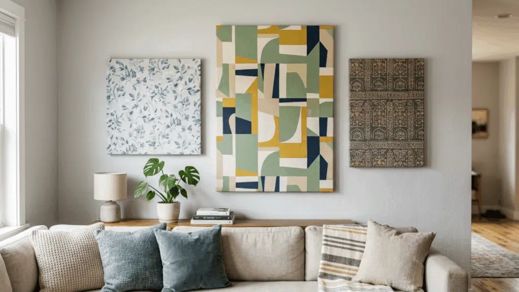 fabric wall art panels with patterned prints displayed above a cozy sofa setup.