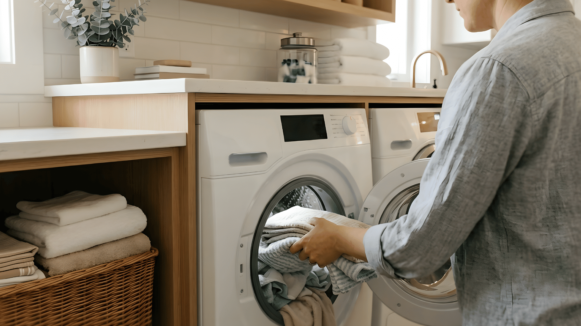 fabrics being placed into a washing machine with a dryer in the background (1)