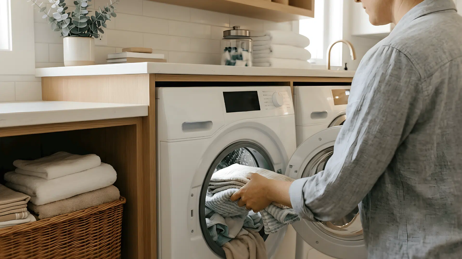 fabrics being placed into a washing machine with a dryer in the background (1)