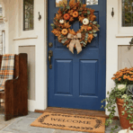 fall front door decor with wreath, pumpkins, lantern, and welcome mat.