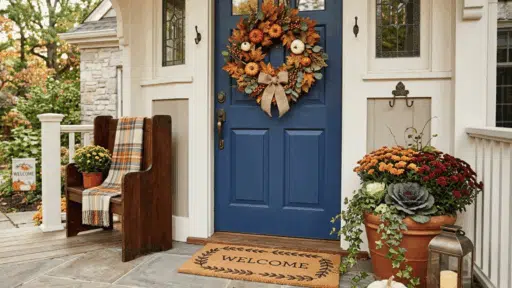 fall front door decor with wreath, pumpkins, lantern, and welcome mat.