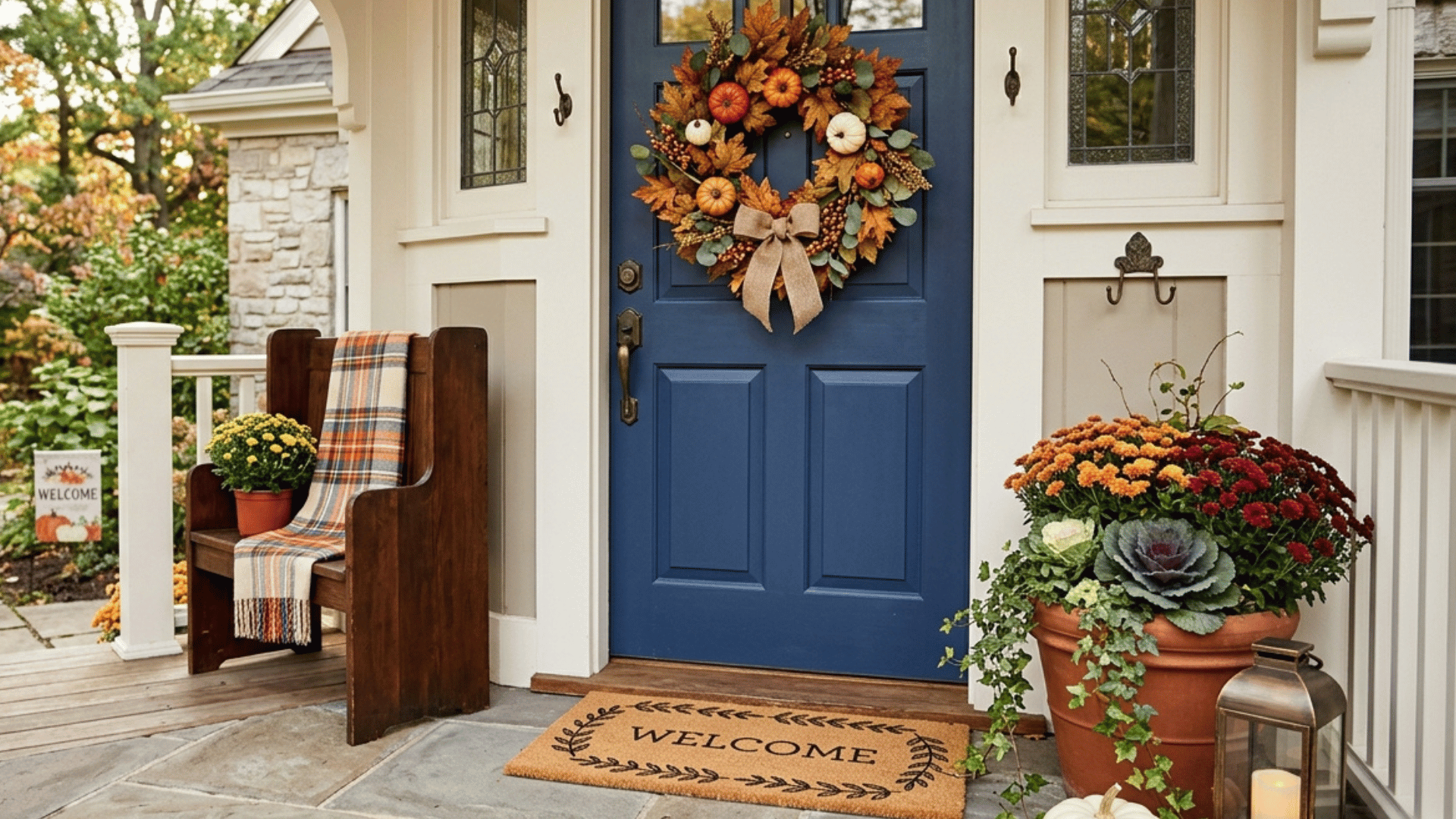 fall front door decor with wreath, pumpkins, lantern, and welcome mat.
