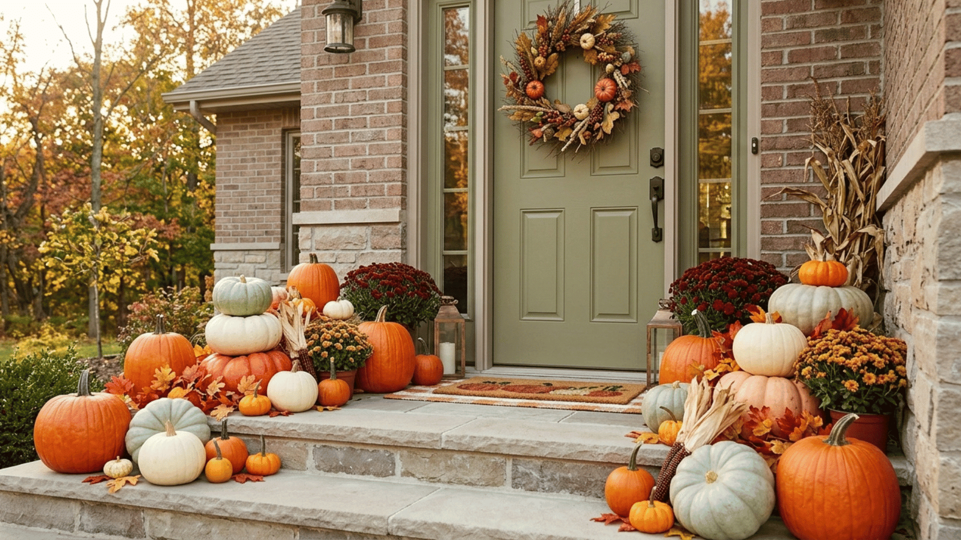 fall pumpkin display with wreath, mums, and seasonal porch decor.