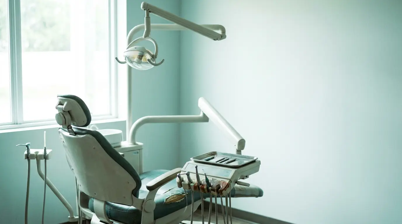 Dental chair with attached tools in a light teal clinic room