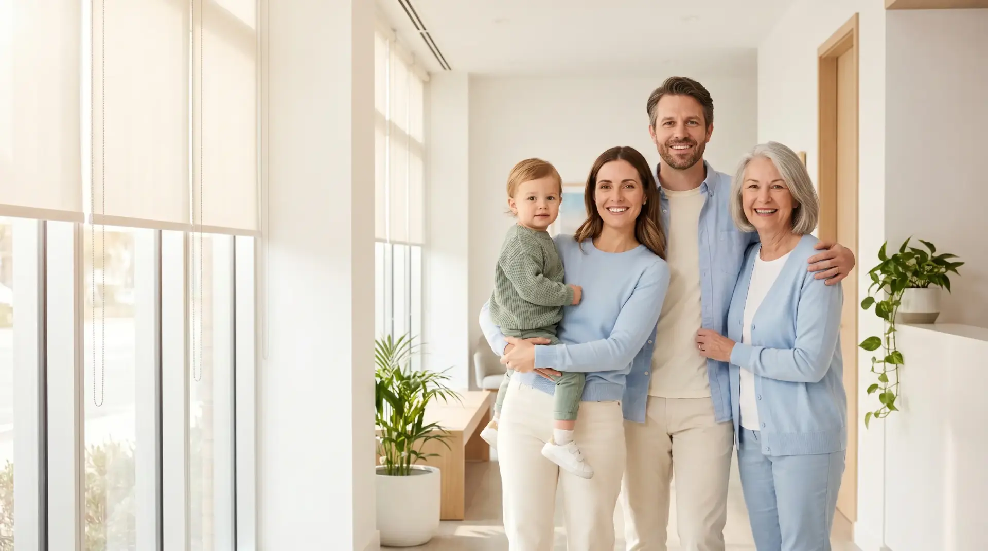 Family of four smiling in bright living room with large windows and potted plants