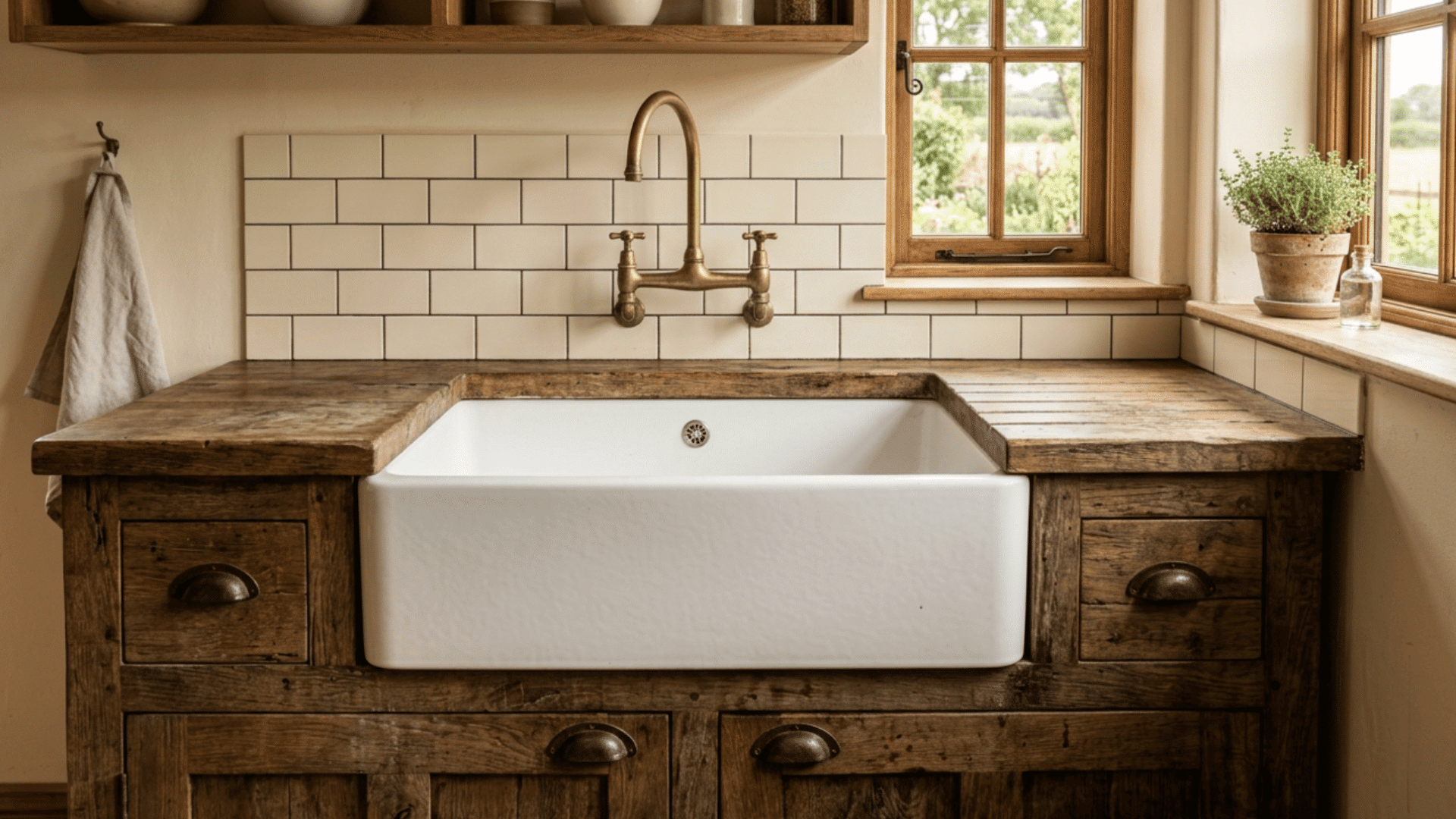 farmhouse apron sink with deep clean empty basin and exposed front panel in simple kitchen setup