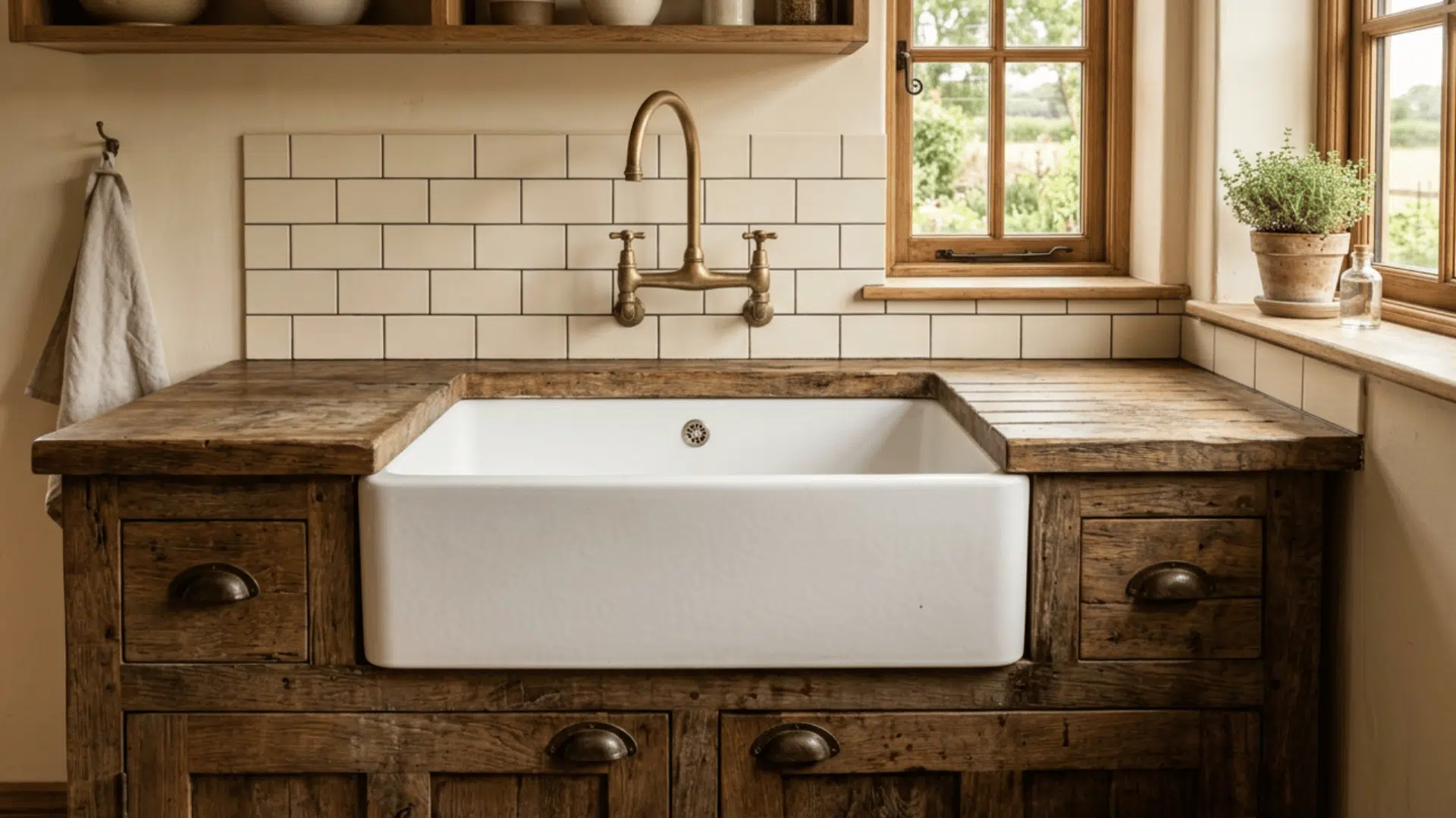 farmhouse apron sink with deep clean empty basin and exposed front panel in simple kitchen setup