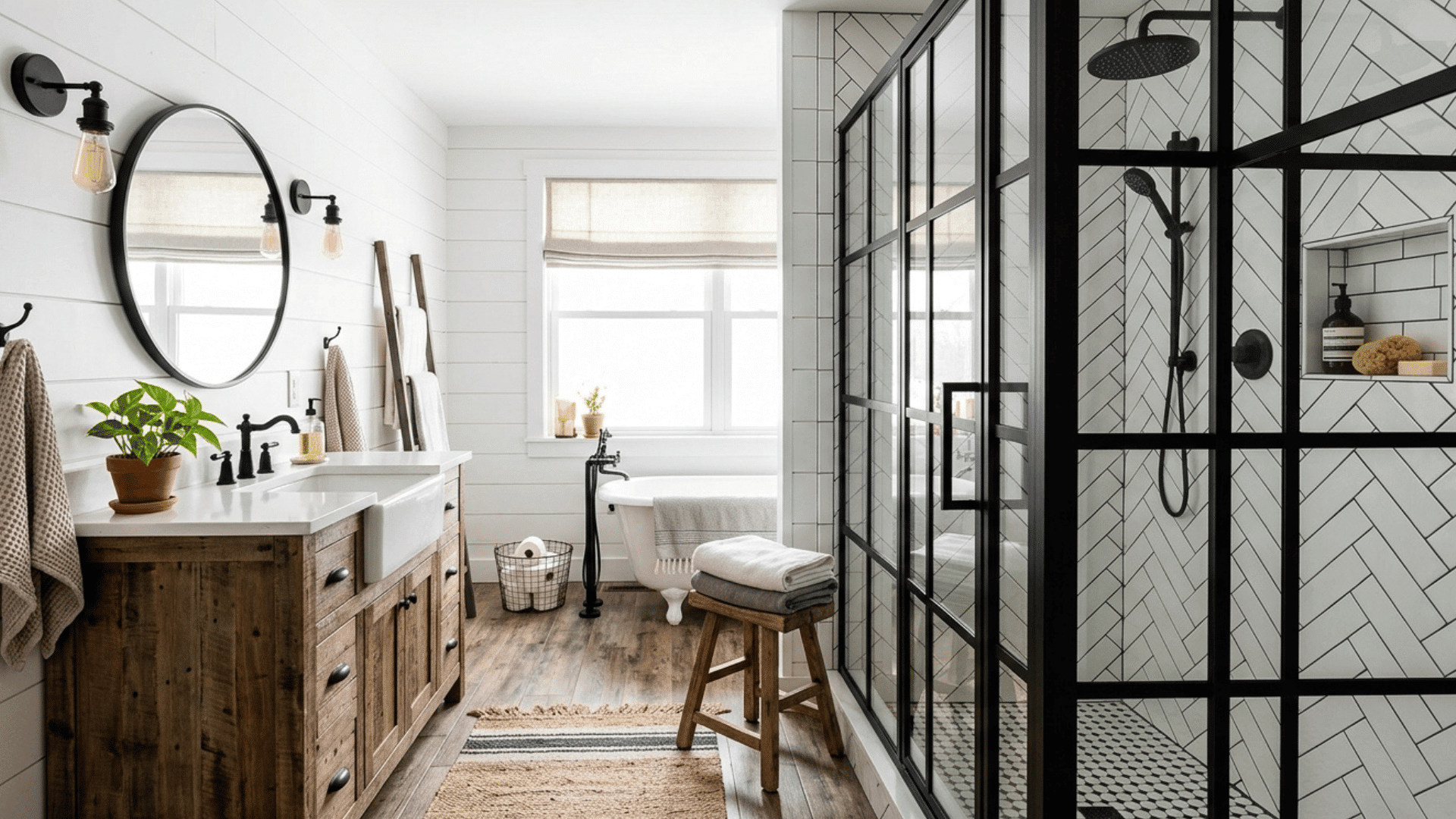 farmhouse bathroom with black-framed shower, wood vanity, and freestanding tub.