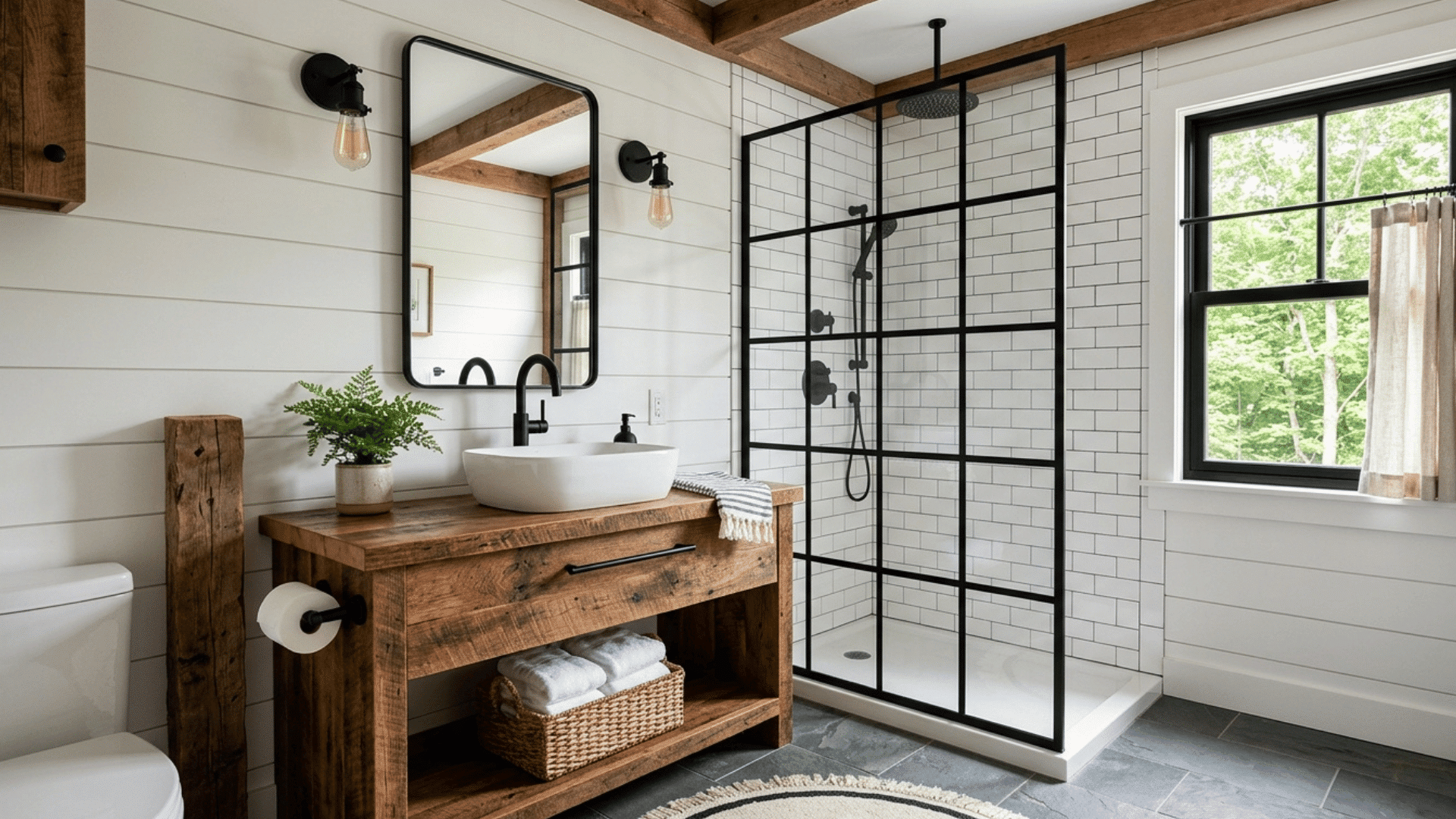 farmhouse bathroom with black grid shower door and wood vanity setup.