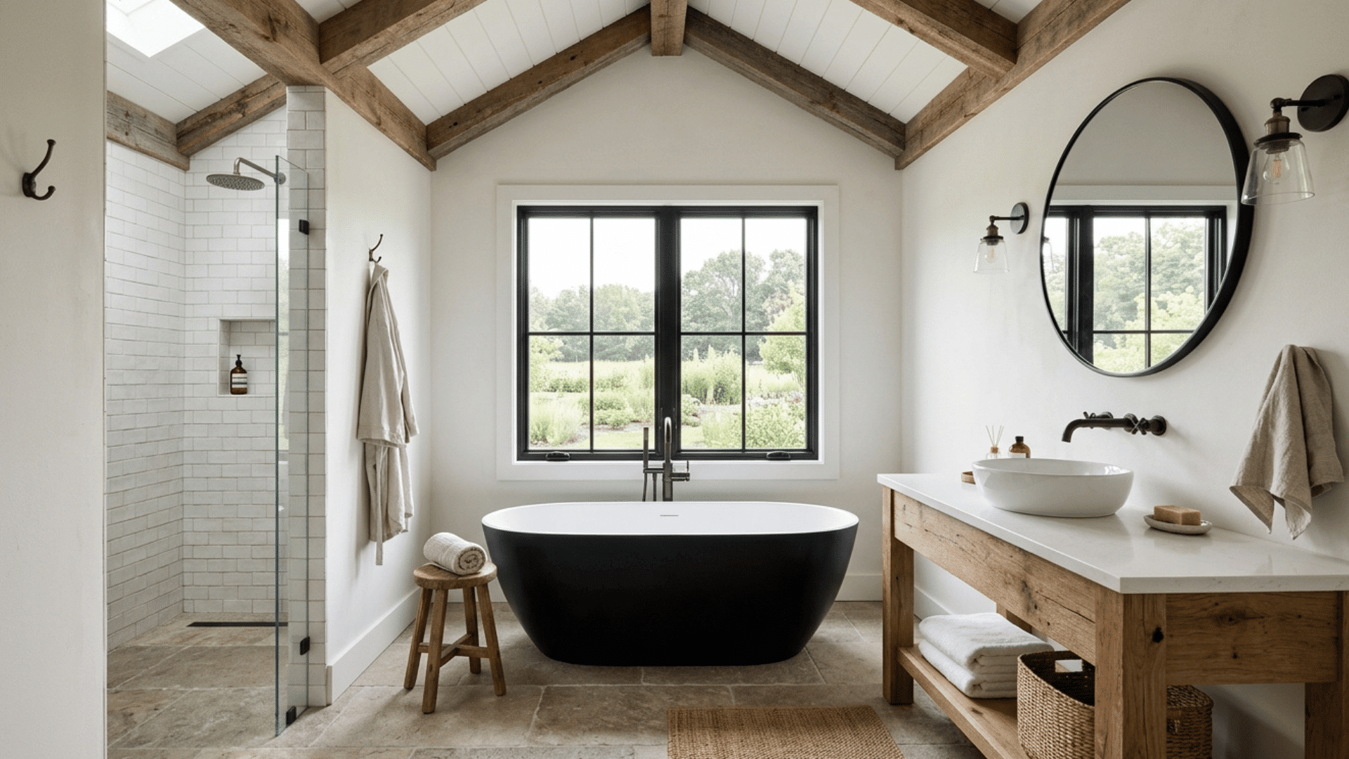 farmhouse bathroom with black tub, wood vanity, beam ceiling, and large window.