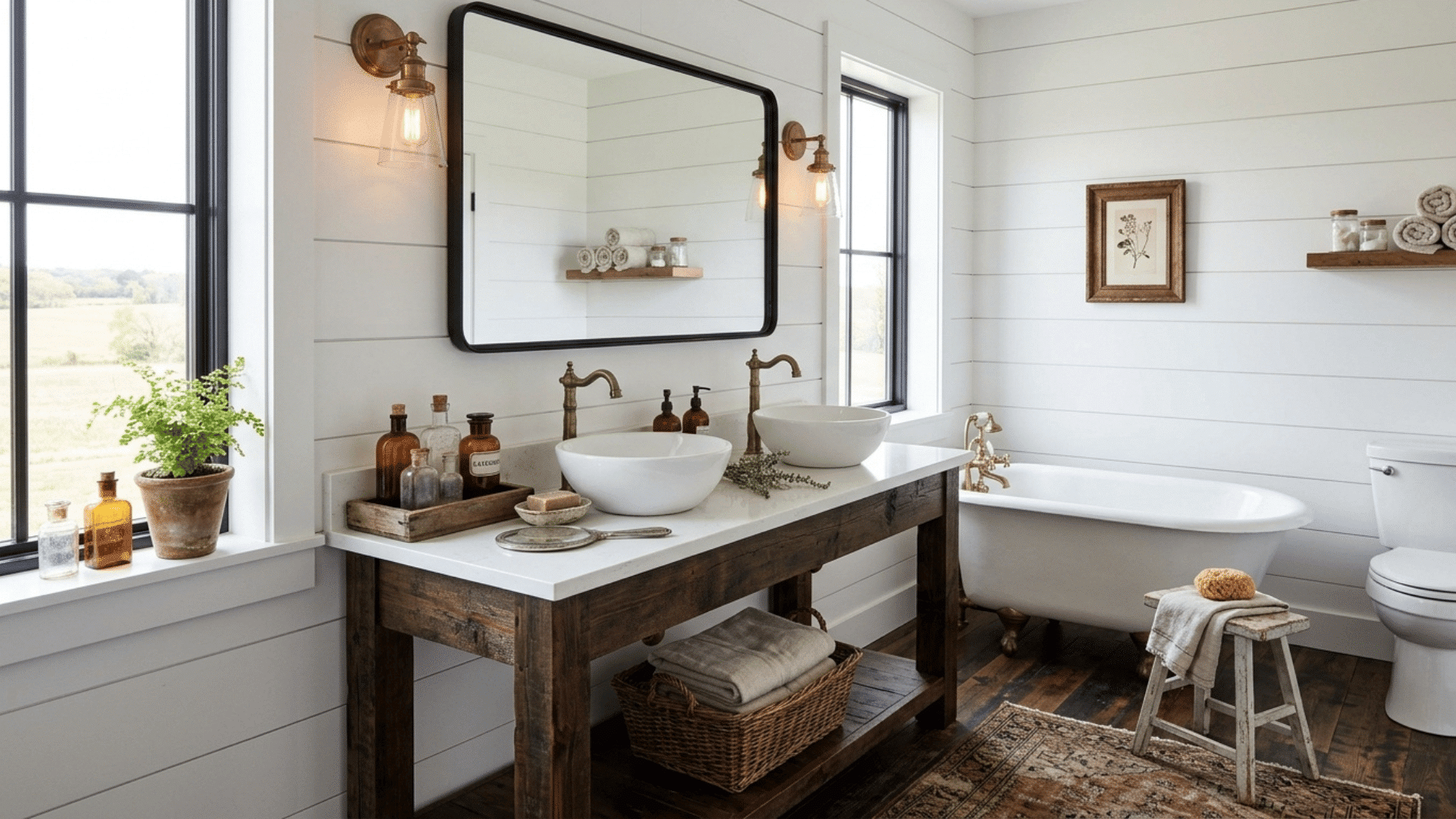 farmhouse bathroom with double vessel sinks, wood vanity, and freestanding tub.