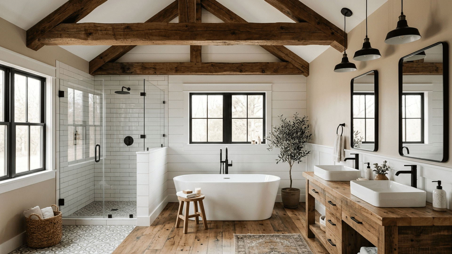 farmhouse bathroom with freestanding tub, wood beams, glass shower, and rustic vanity.