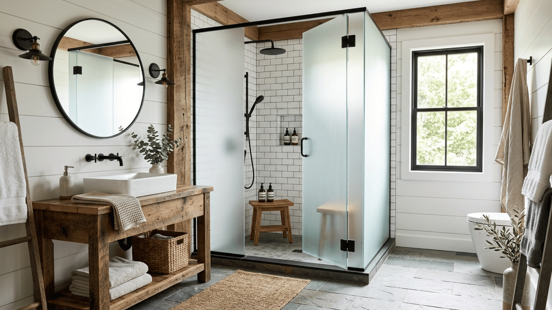 farmhouse bathroom with frosted glass shower, wood vanity, and round mirror.