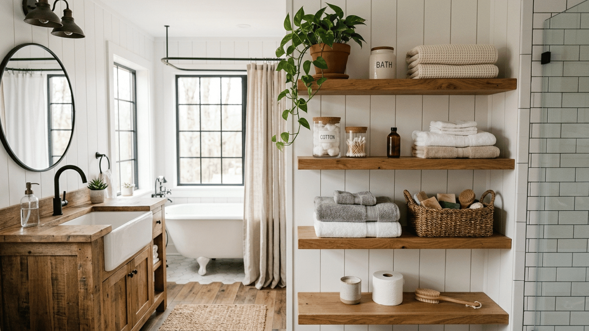 farmhouse bathroom with open wood shelves, baskets, and cozy neutral decor.