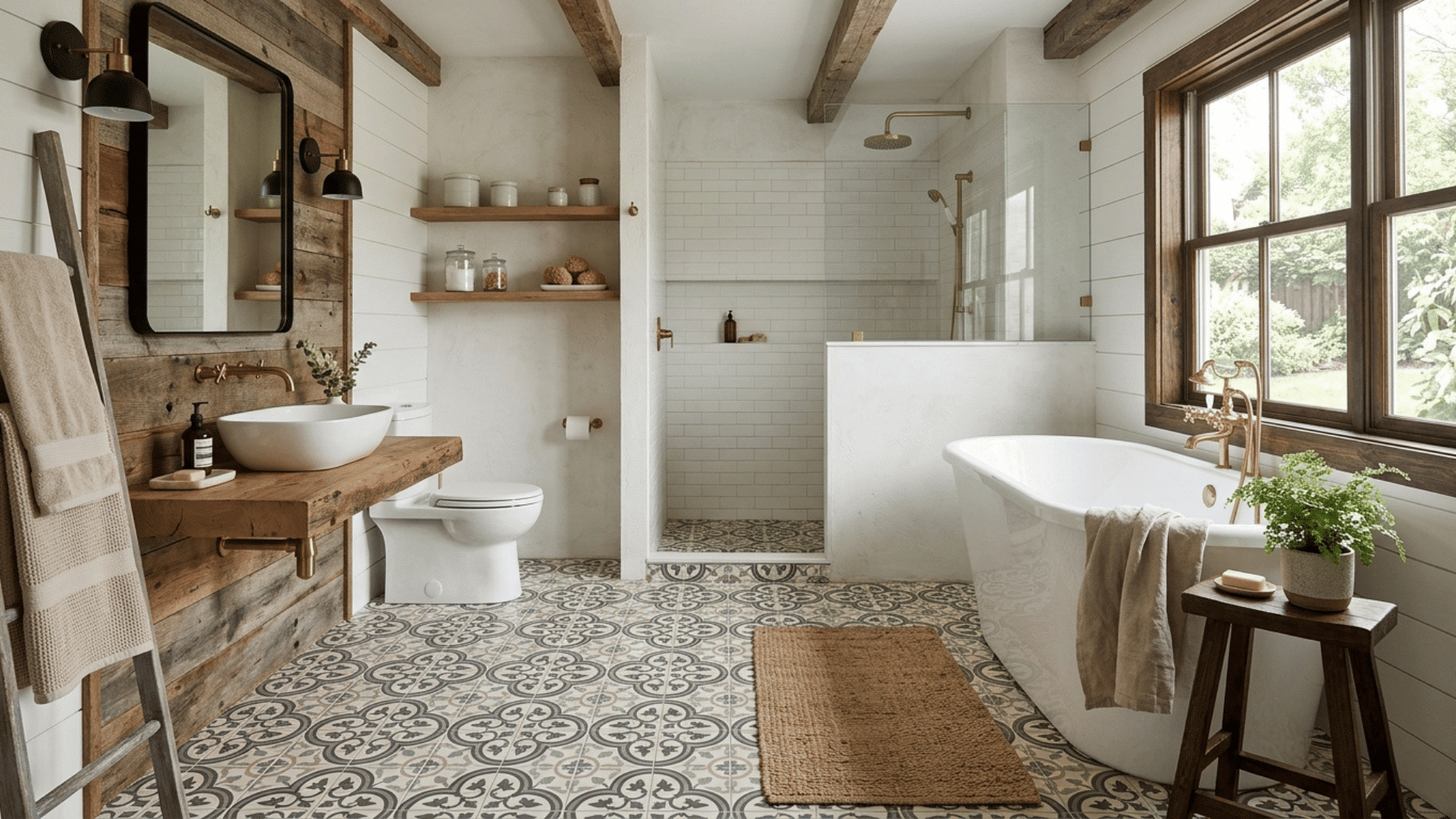 farmhouse bathroom with patterned tile floor, freestanding tub, and rustic wood accents.