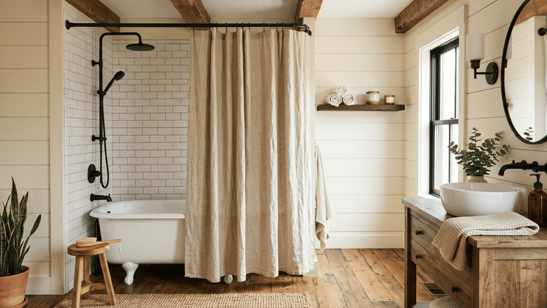 farmhouse bathroom with shower curtain, wood vanity, white shiplap walls, and black fixtures.