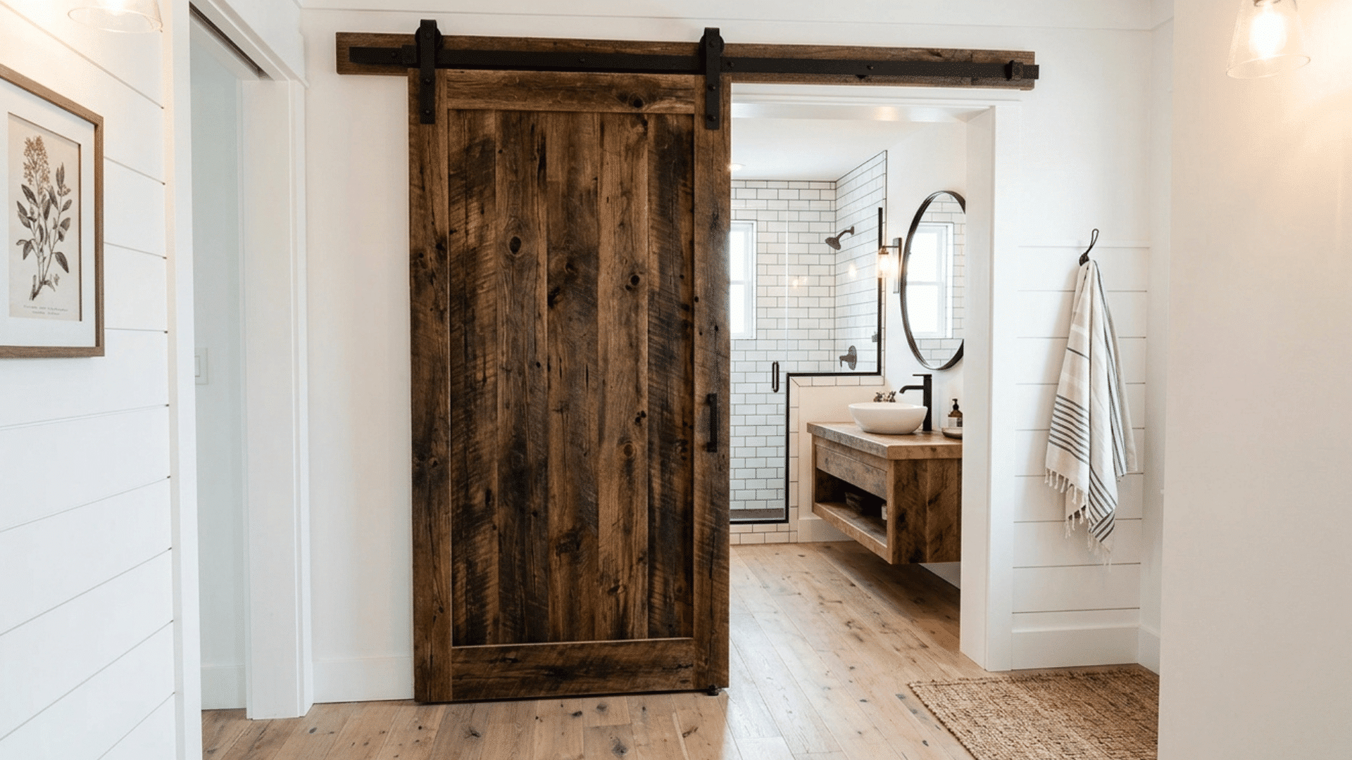 farmhouse bathroom with sliding barn door.