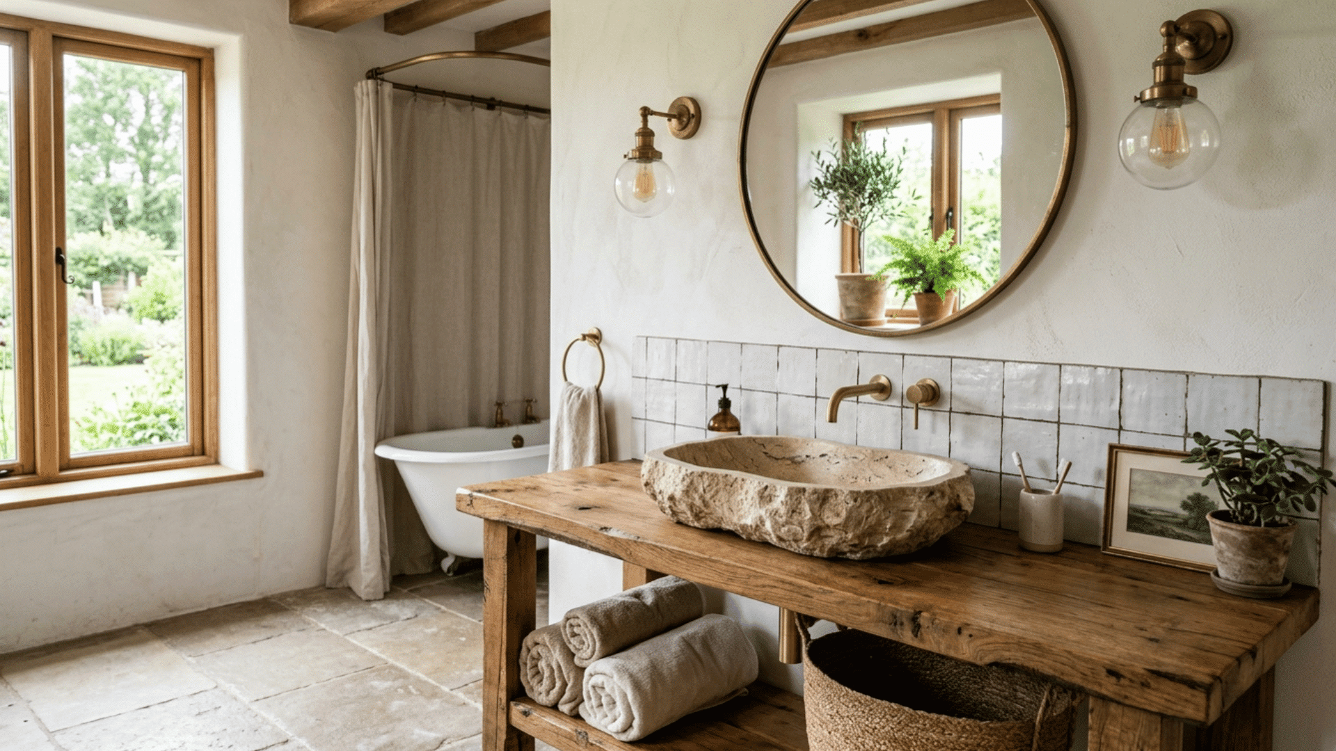 farmhouse bathroom with stone vessel sink, wood vanity, round mirror, and curtain tub.