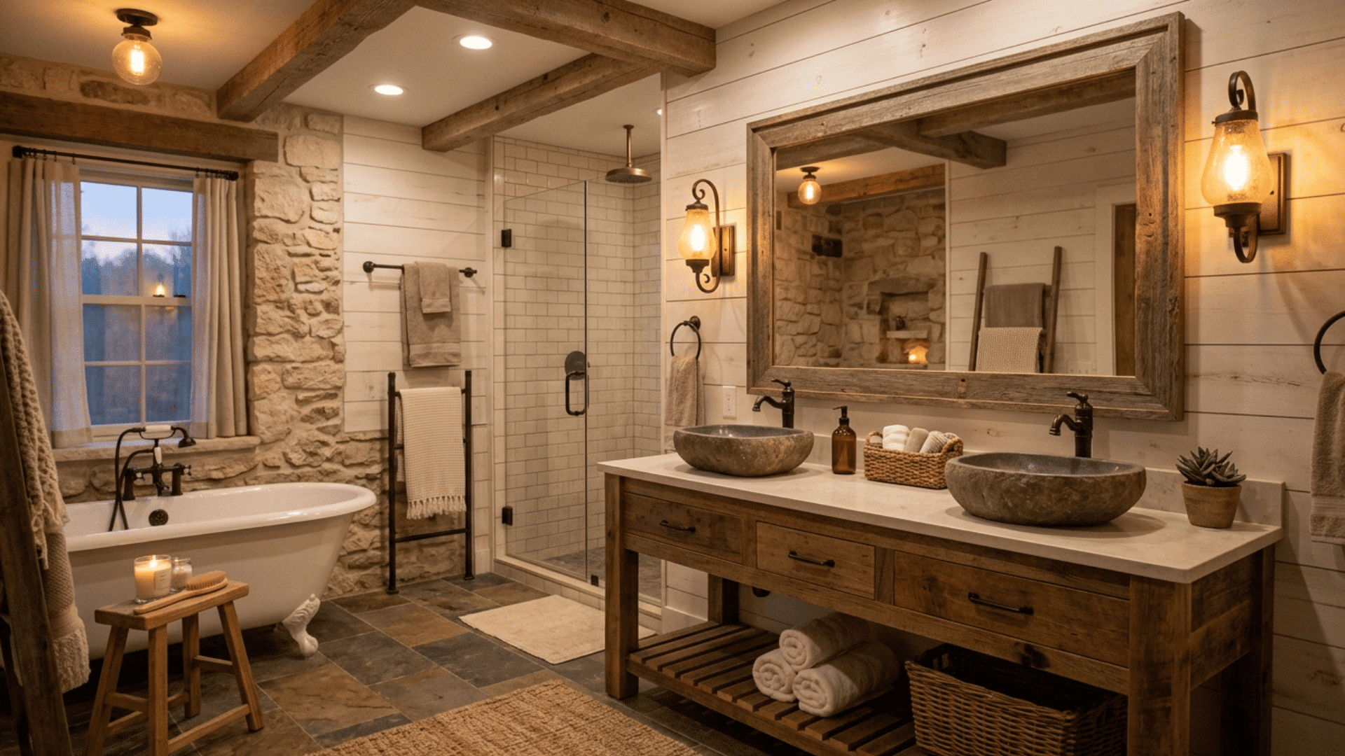 farmhouse bathroom with stone wall, wood vanity, and freestanding tub lighting.