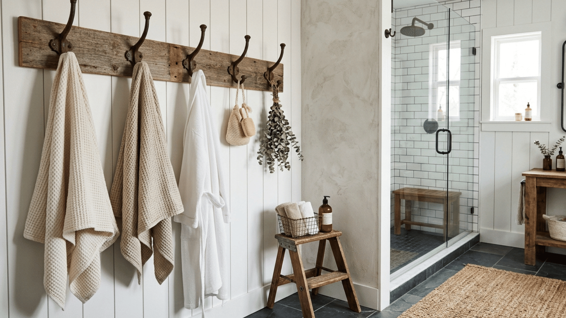 farmhouse bathroom with wall hooks, hanging towels, wooden stool, and glass shower.