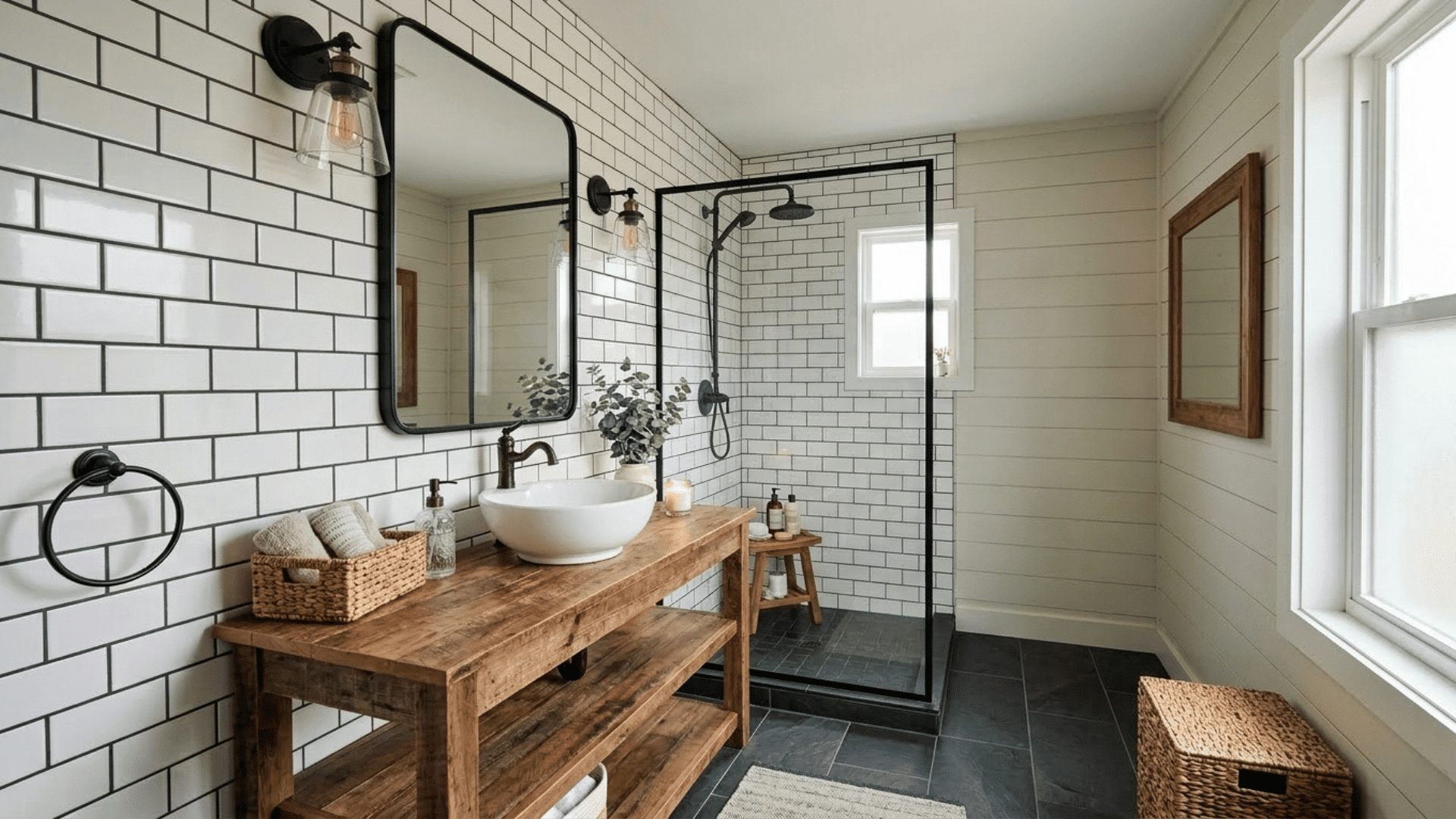farmhouse bathroom with white tile, wood vanity, black accents, and glass shower.