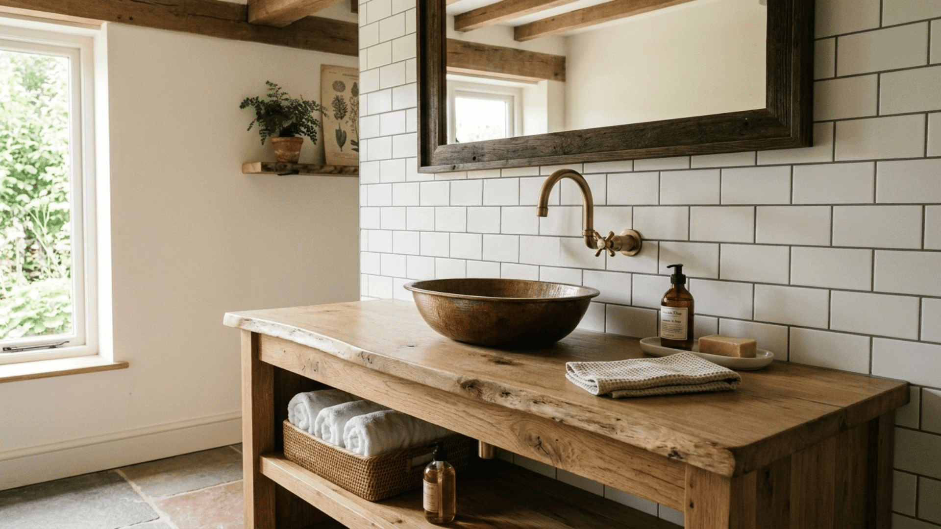 farmhouse bathroom with wood vanity, copper bowl sink, and white tile wall.