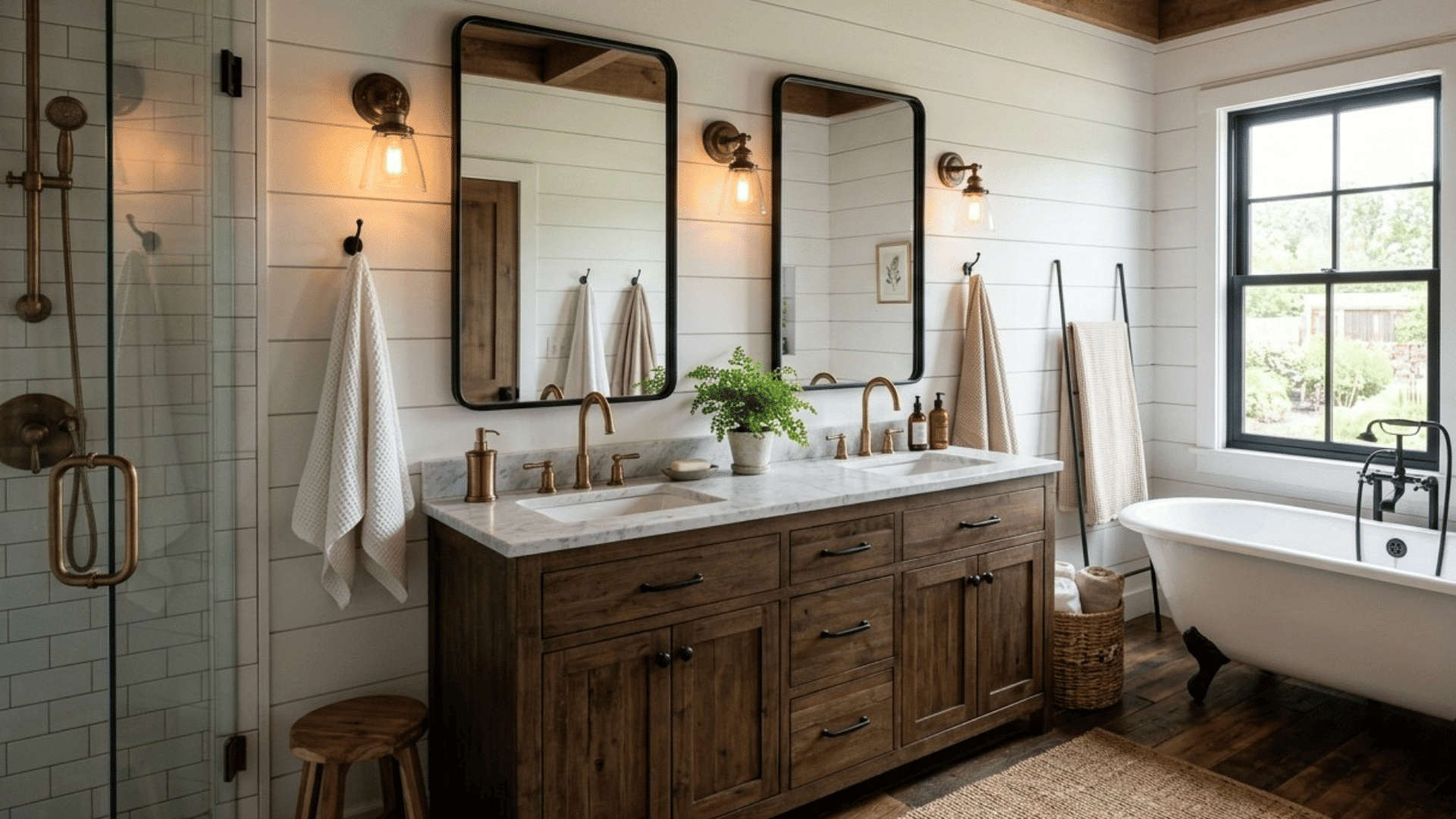 farmhouse bathroom with wood vanity, double sinks, freestanding tub, and glass shower. (1)