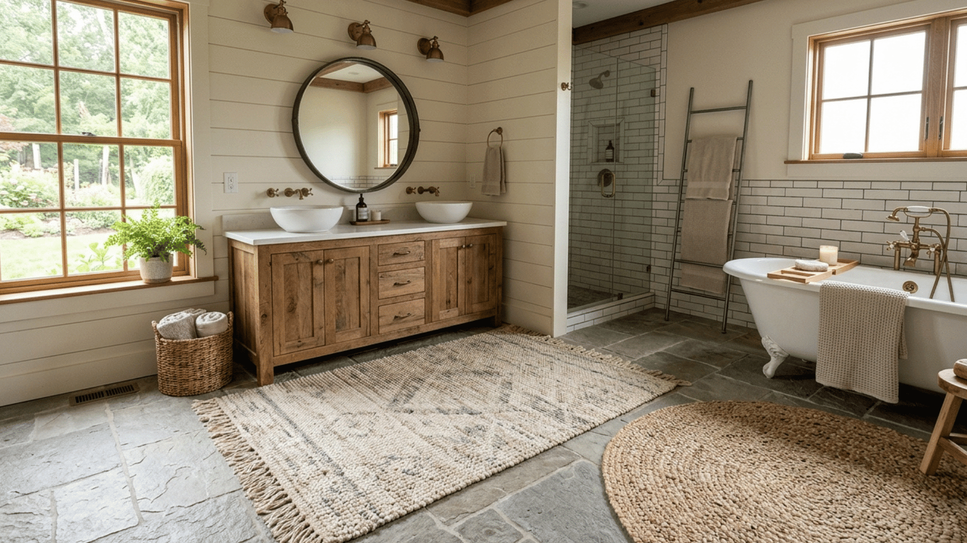 farmhouse bathroom with wood vanity, freestanding tub, and large window view.