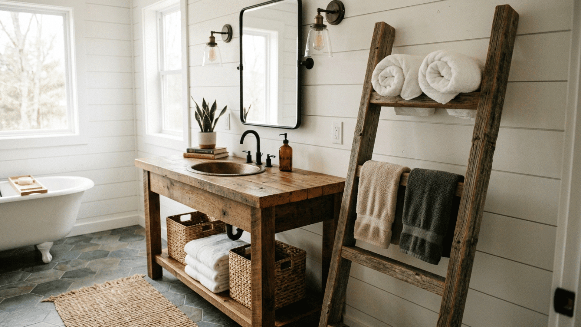 farmhouse bathroom with wooden ladder towel rack, vanity, and soft neutral decor.