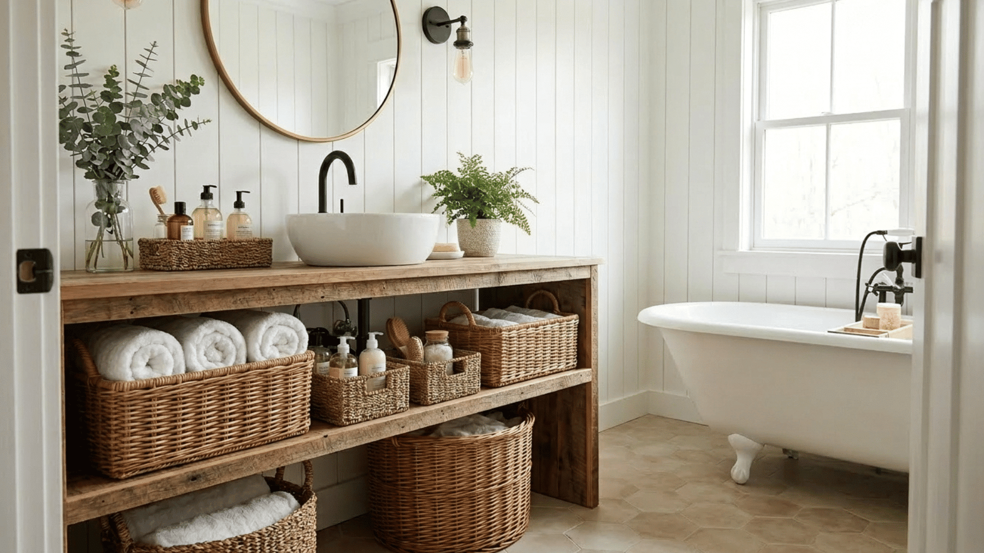 farmhouse bathroom with woven baskets, wood vanity, and freestanding tub.