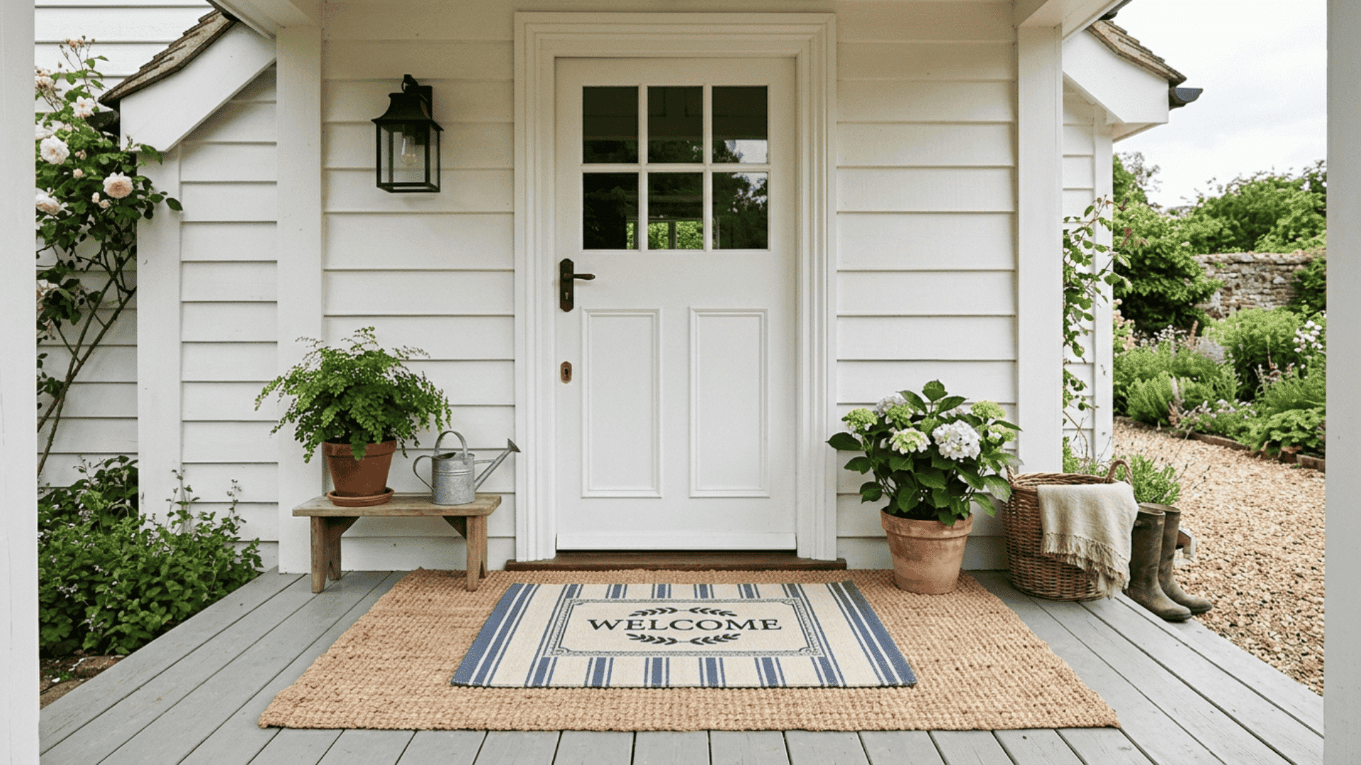 farmhouse front door entry with large jute mat layered under smaller printed woven mat in soft daylight