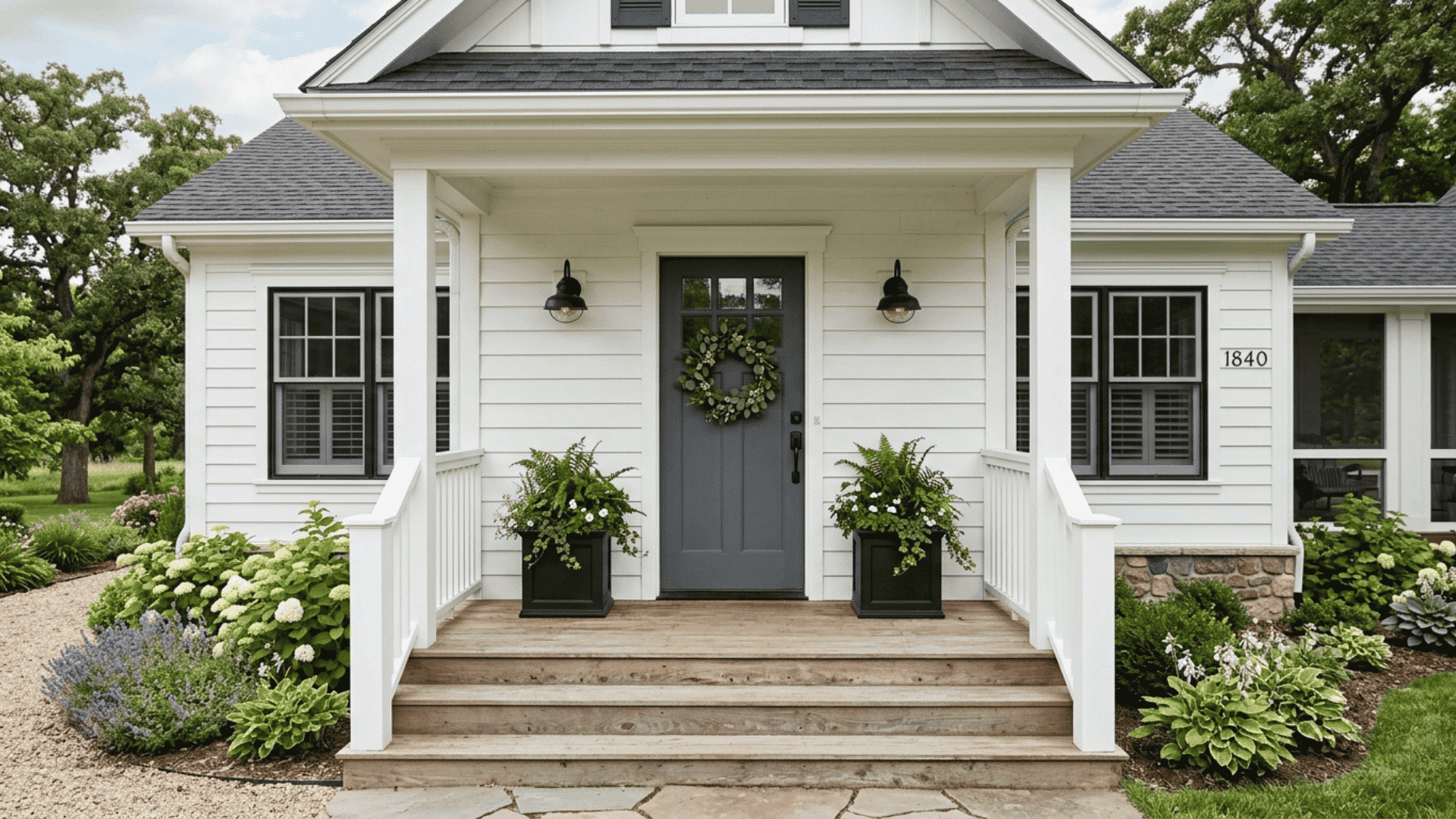 farmhouse front door flanked by matching black planters and wall sconces with centered green wreath on white siding
