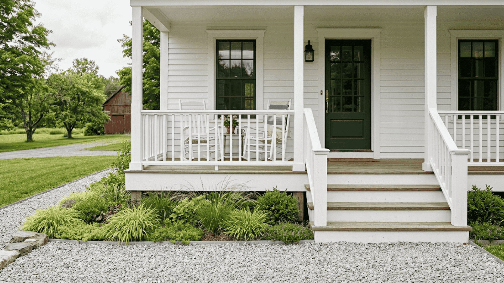 farmhouse front porch with clean gravel border at base and low ornamental grasses planted behind it