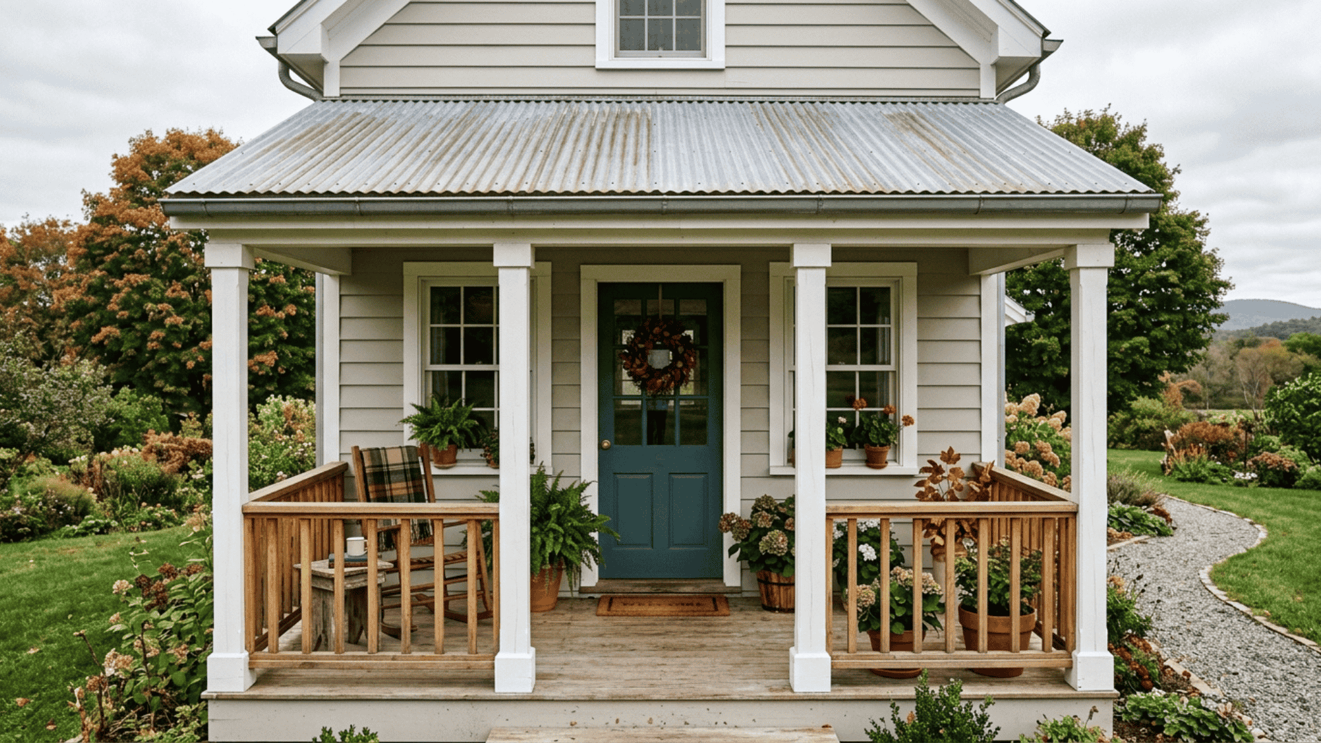 farmhouse front porch with corrugated metal roof section above white columns and natural wood railings
