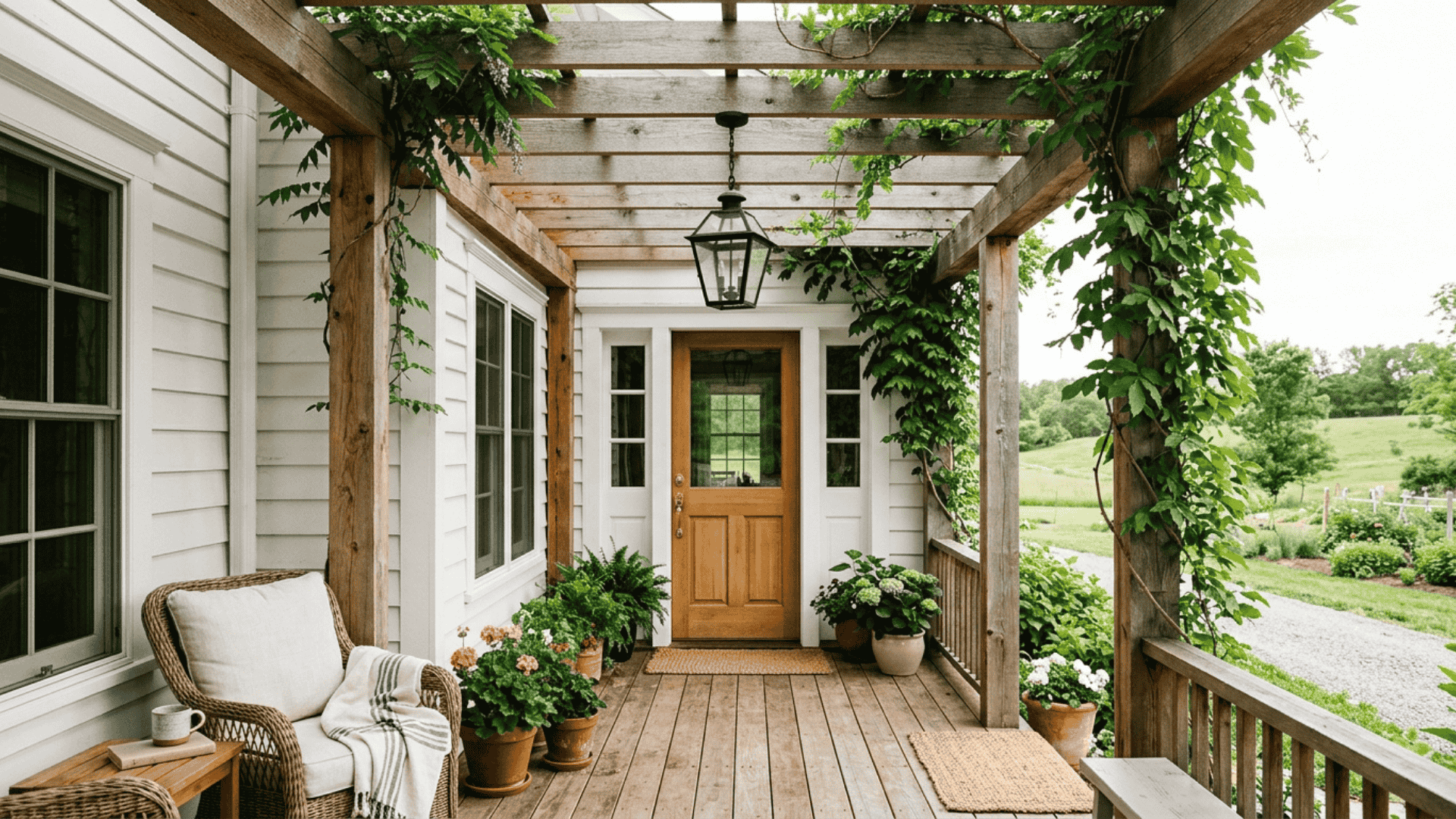 farmhouse front porch with simple natural wood pergola structure overhead clean beams white exterior in soft daylight