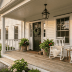 farmhouse front porch with white rocking chairs terracotta pots green wreath and black lantern pendant lighting