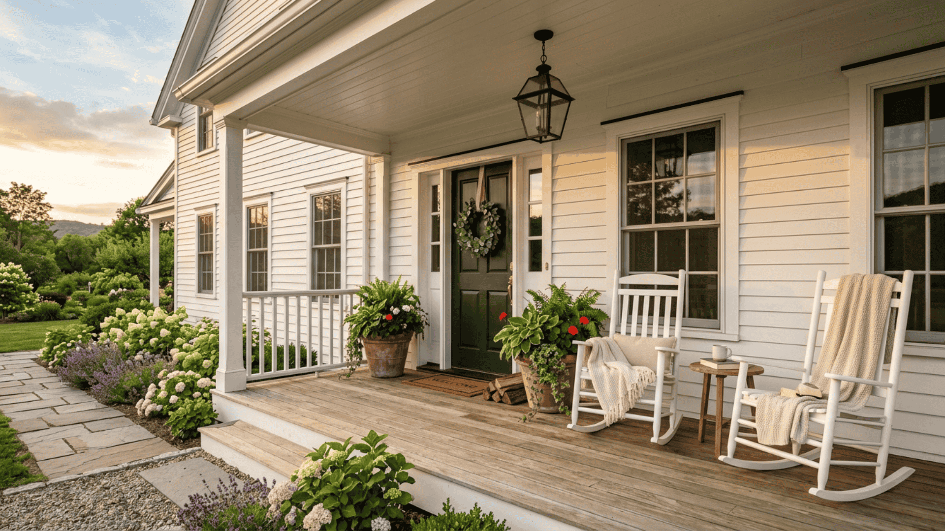 farmhouse front porch with white rocking chairs terracotta pots green wreath and black lantern pendant lighting