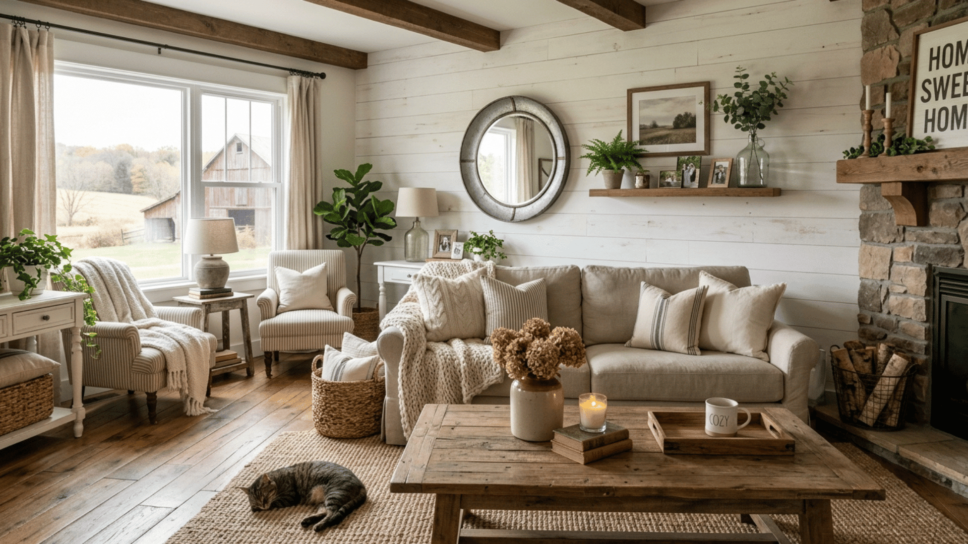 farmhouse living room with rustic wood, neutral tones, cozy decor, and natural light.