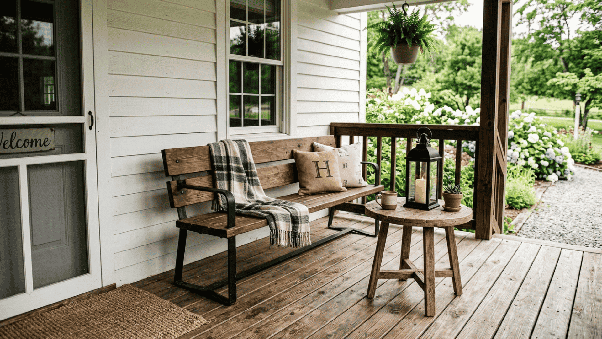 farmhouse porch corner with wooden bench black metal legs natural wood side table and black metal lantern