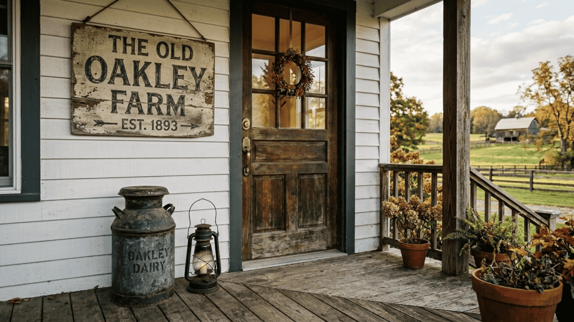 farmhouse porch corner with worn wooden sign old milk can and vintage black lantern near the front entry