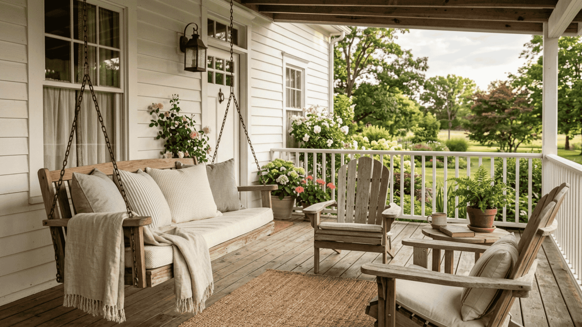 farmhouse porch swing and chairs with cream cushions and folded linen throw in soft afternoon light