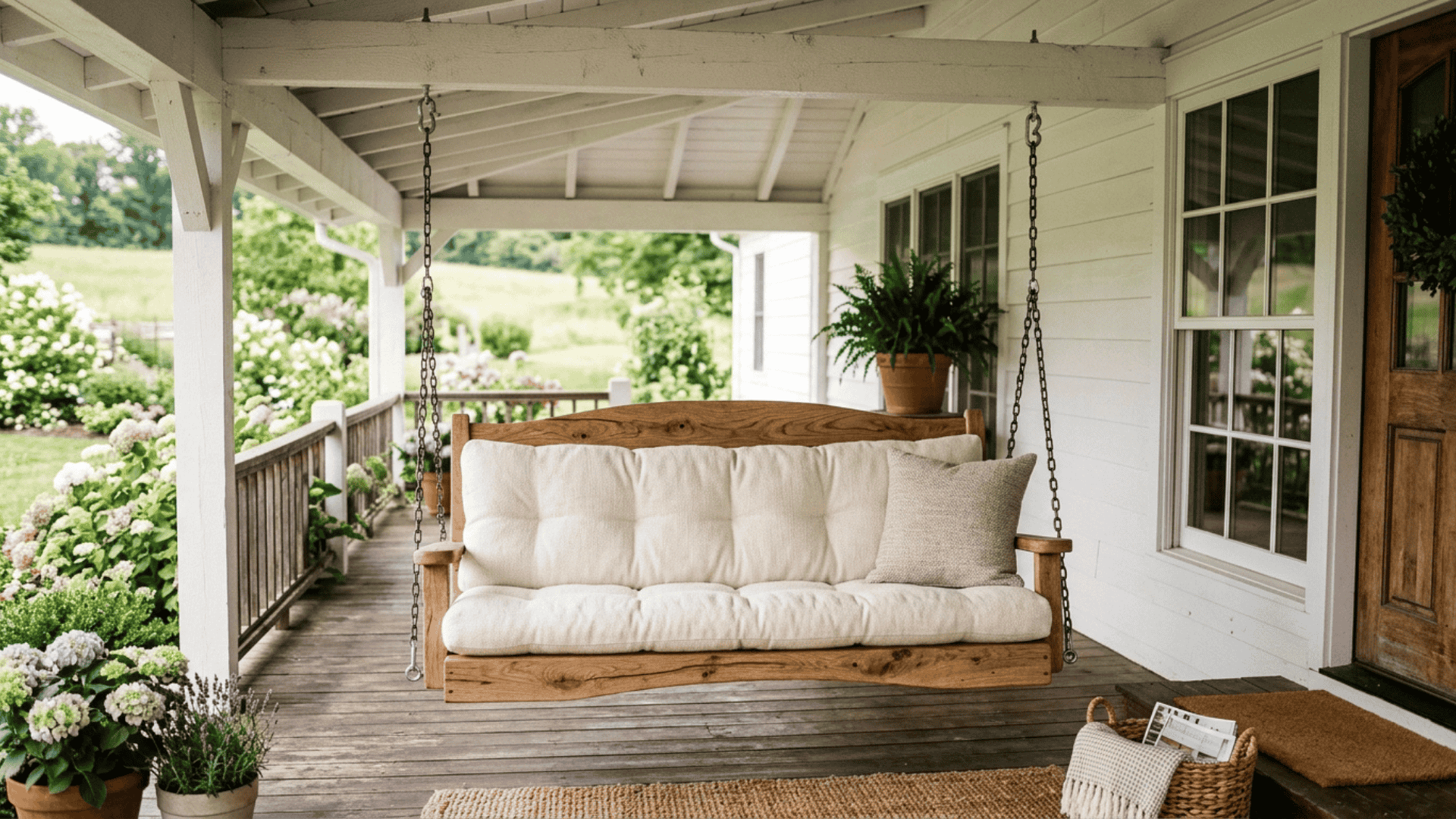 farmhouse porch swing with cream cushions hanging from white ceiling beam in soft natural daylight