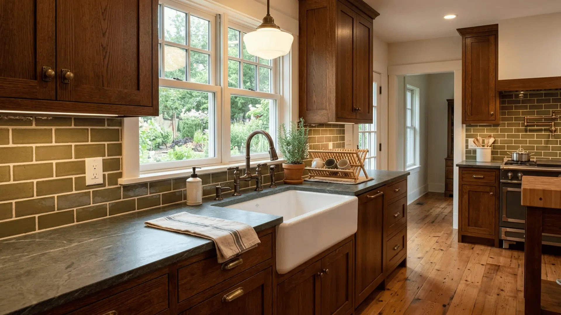 farmhouse sink in Craftsman kitchen with wood cabinets and stone countertops.