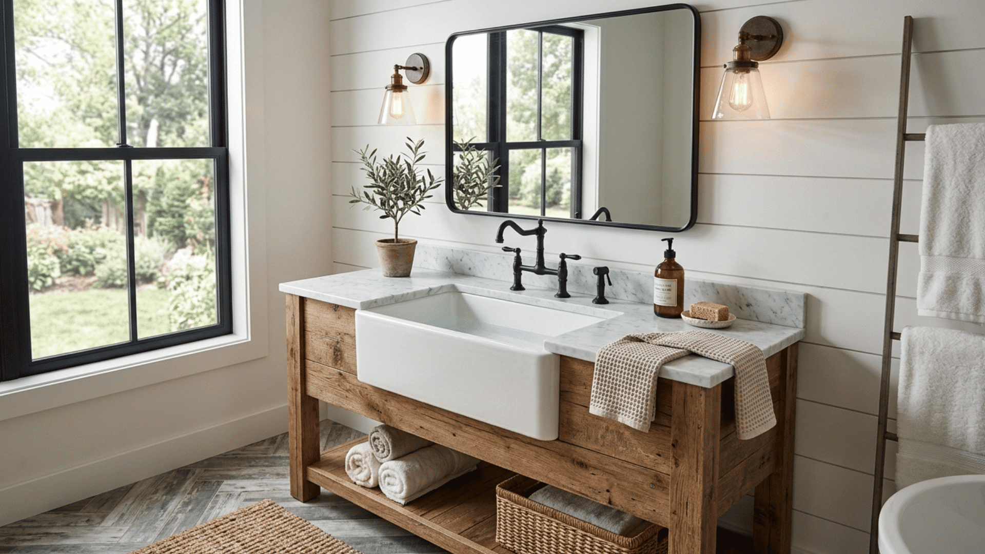 farmhouse sink with marble top, wood vanity, black fixtures, and window view.