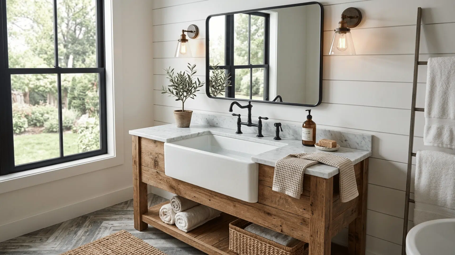 farmhouse sink with marble top, wood vanity, black fixtures, and window view.