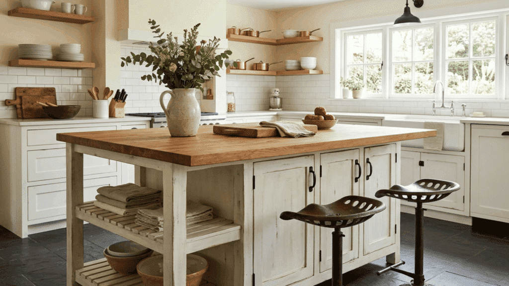 farmhouse style kitchen island with distressed wood, cabinets, and rustic bar stools.