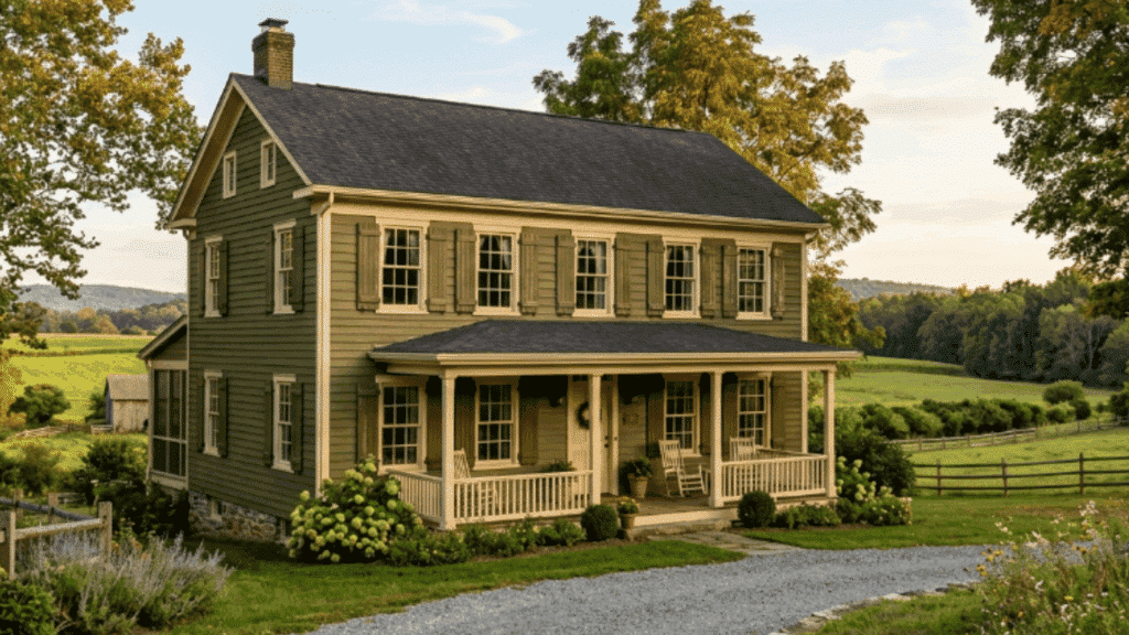 farmhouse with olive green siding cream trim wooden shutters countryside landscape warm afternoon sunlight exterior